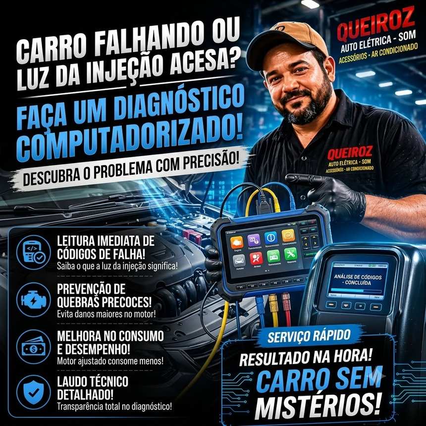 Técnico da Queiroz realizando diagnóstico computadorizado com scanner automotivo no cofre do motor